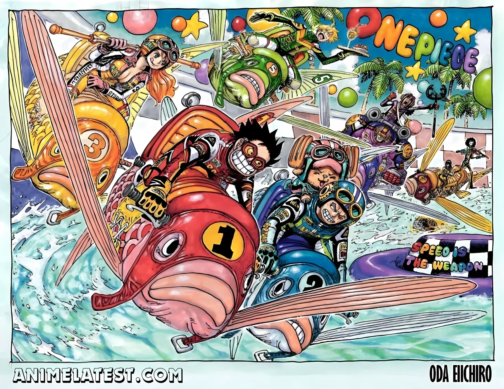 One Piece Chapter 1143 Color Spread: Straw Hat Pirates' High-Speed Race